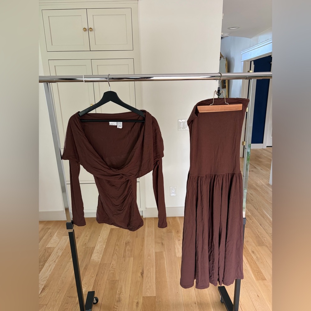 Vintage Spiegel Brown Drop Waist Dress and Off the Shoulder Top Set